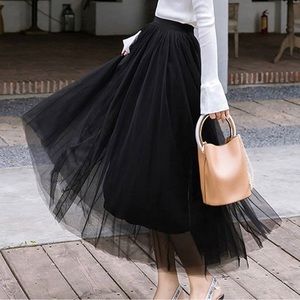 Tulle Skirt Women Elastic High Waist Mesh Skirts Long Pleated Tutu Skirt Female